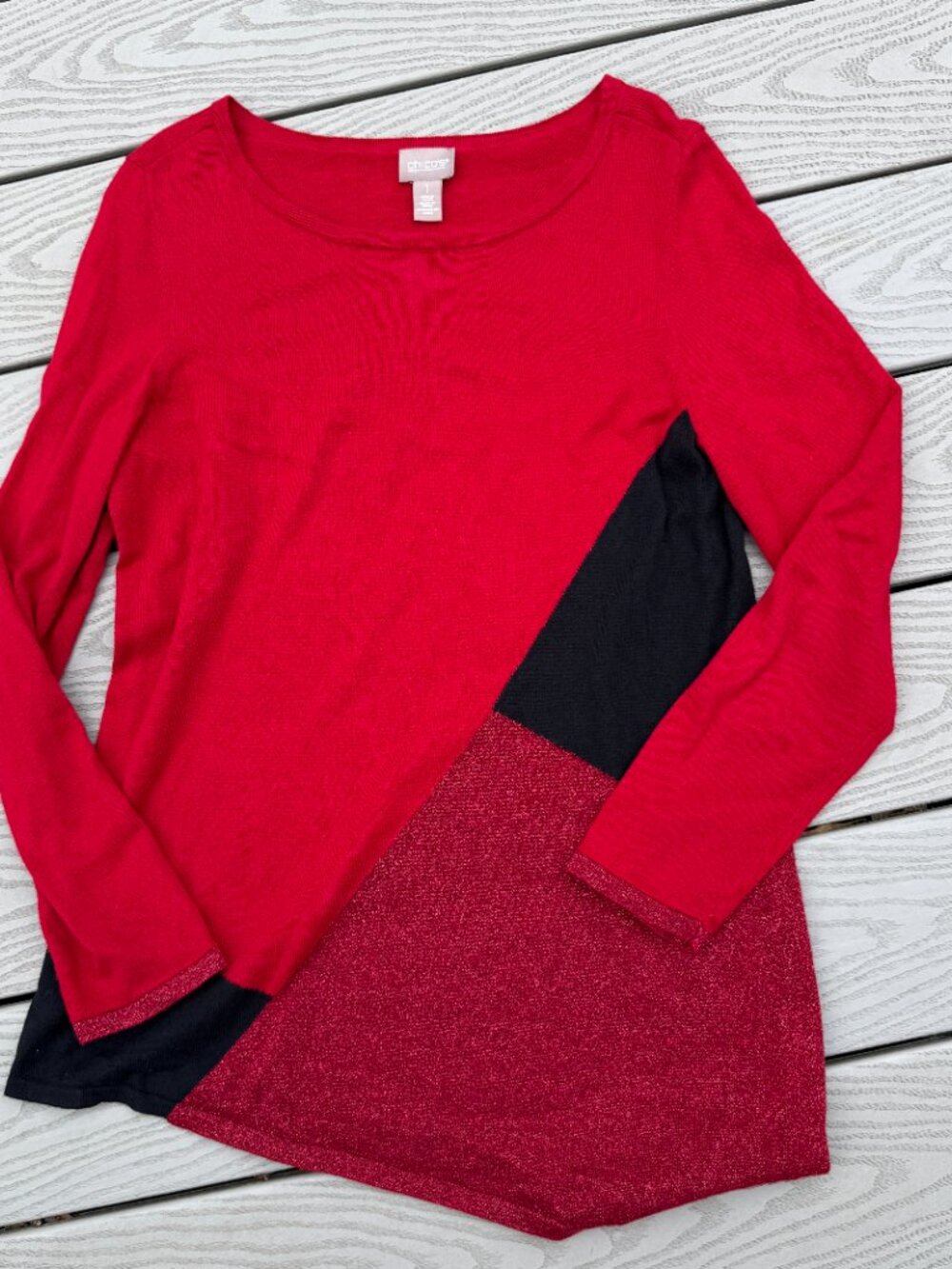 Chico's Tunic Sweater Women's 1 Medium Red Colorblock Asymmetrical Hem Shimmer